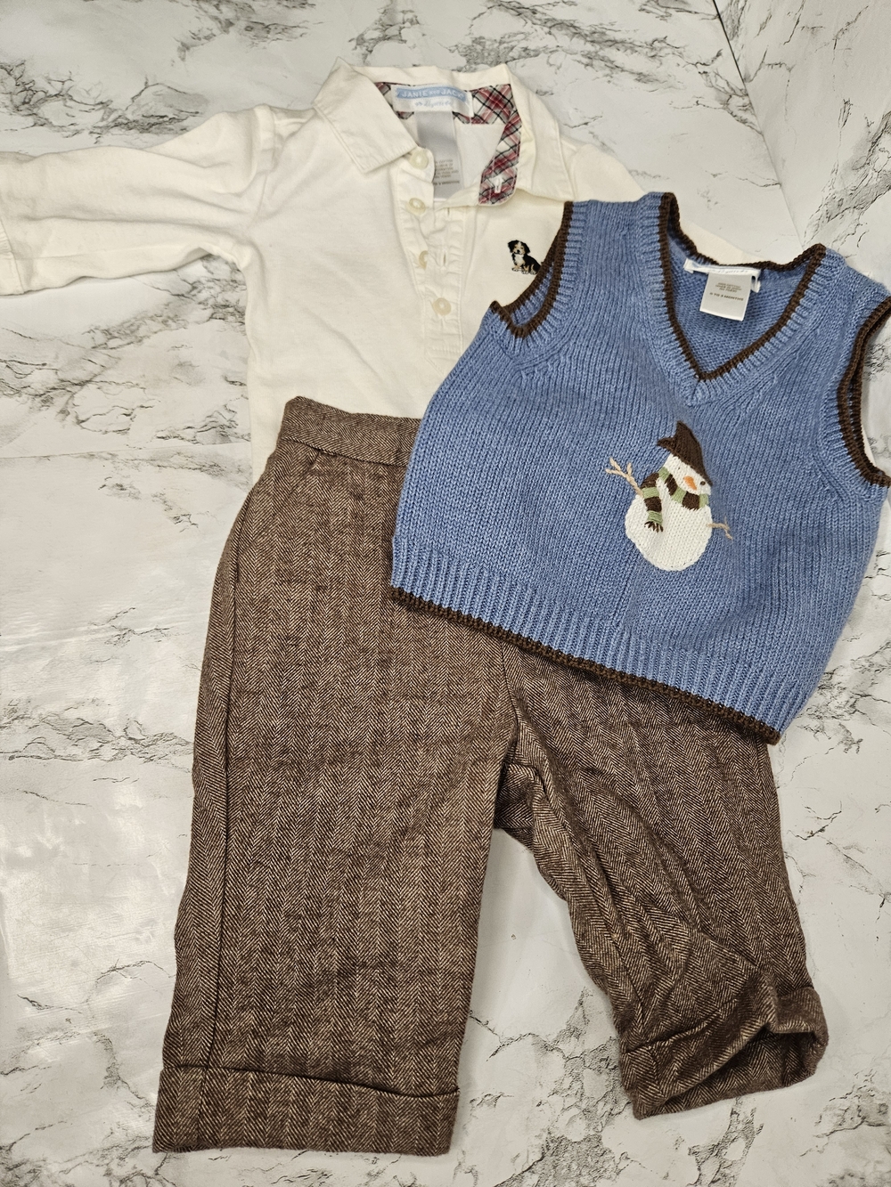 Janie and Jack Cream Polo, Blue Knit Vest & Brown Tweed Pants Baby Boy Outfit.